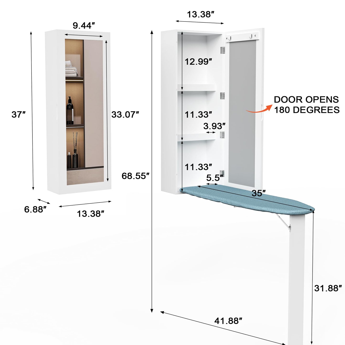 Wall-Mounted Ironing Board Cabinet with Mirror & Folding Support Leg – Built-In Storage for Small Spaces