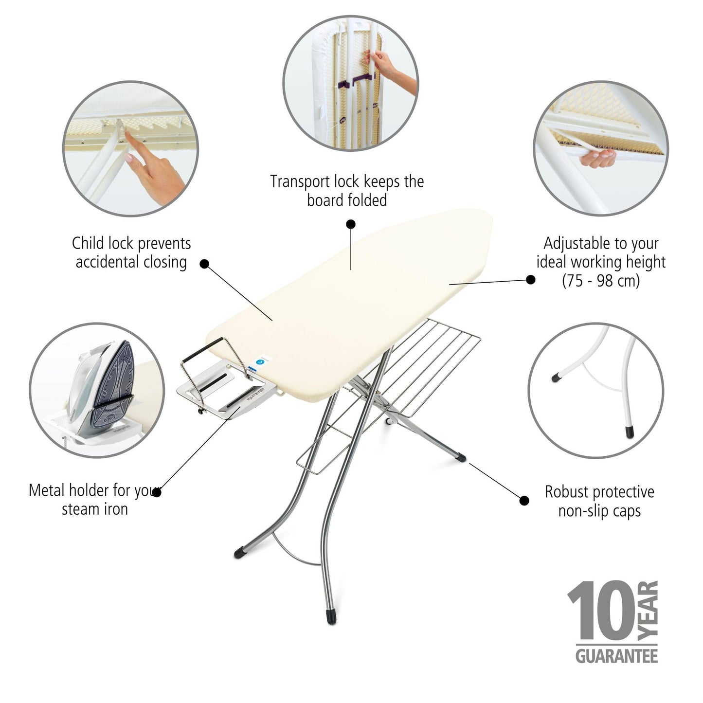 Adjustable Ironing Board with Steam Iron Rest, Linen Rack & Safety Locks – 49” x 18”
