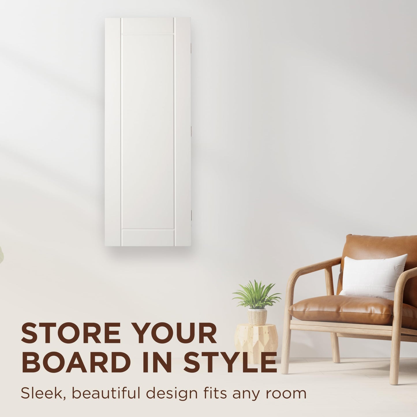 Wall-Mounted Folding Ironing Cabinet with Hooks & Easy-Release Lever – White Finish