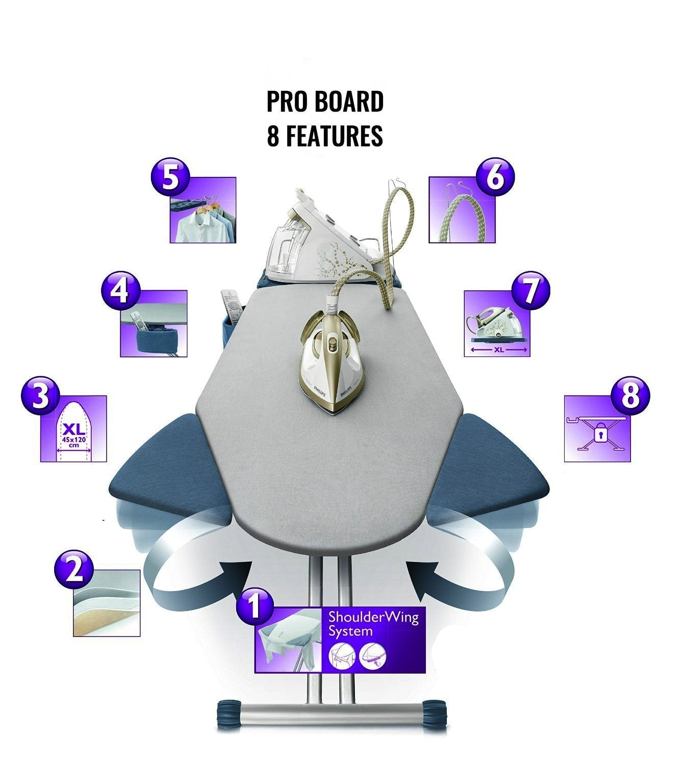 Extra-Wide Ironing Board with Retractable Shoulder Wings & Adjustable Height – Cotton Cover