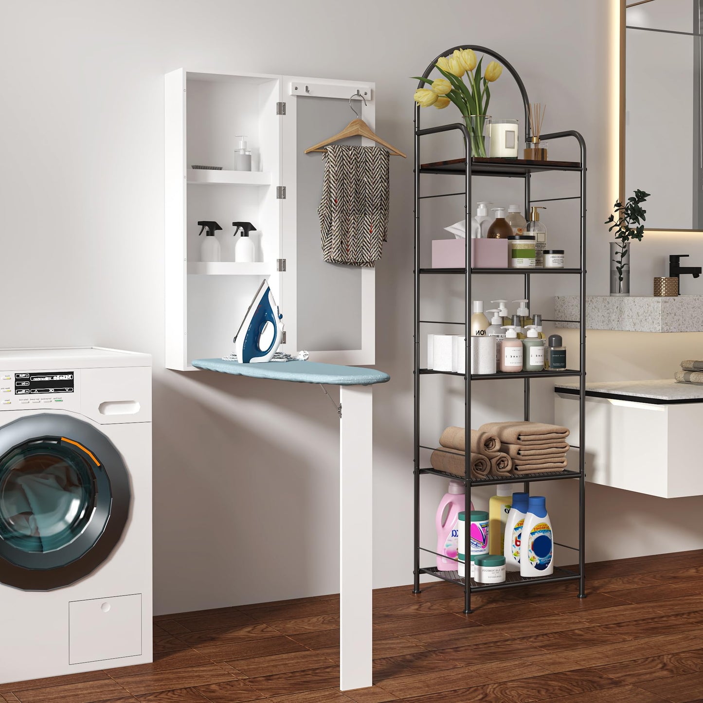Wall-Mounted Ironing Board Cabinet with Mirror & Folding Support Leg – Built-In Storage for Small Spaces
