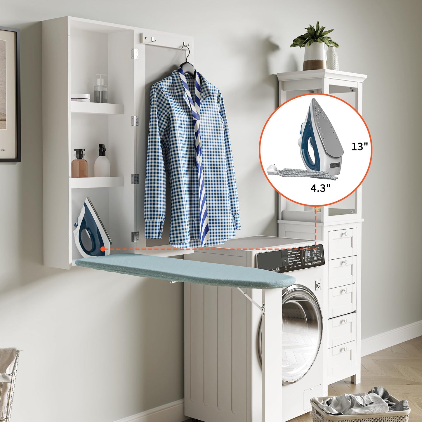 Wall-Mounted Ironing Board Cabinet with Mirror & Folding Support Leg – Built-In Storage for Small Spaces