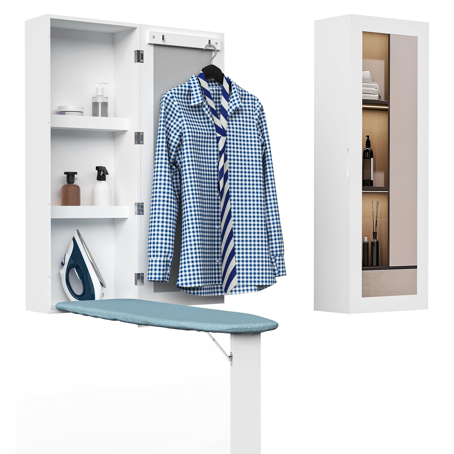 Wall-Mounted Ironing Board Cabinet with Mirror & Folding Support Leg – Built-In Storage for Small Spaces