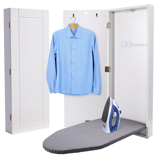 Wall-Mounted Folding Ironing Cabinet with Hooks & Easy-Release Lever – White Finish