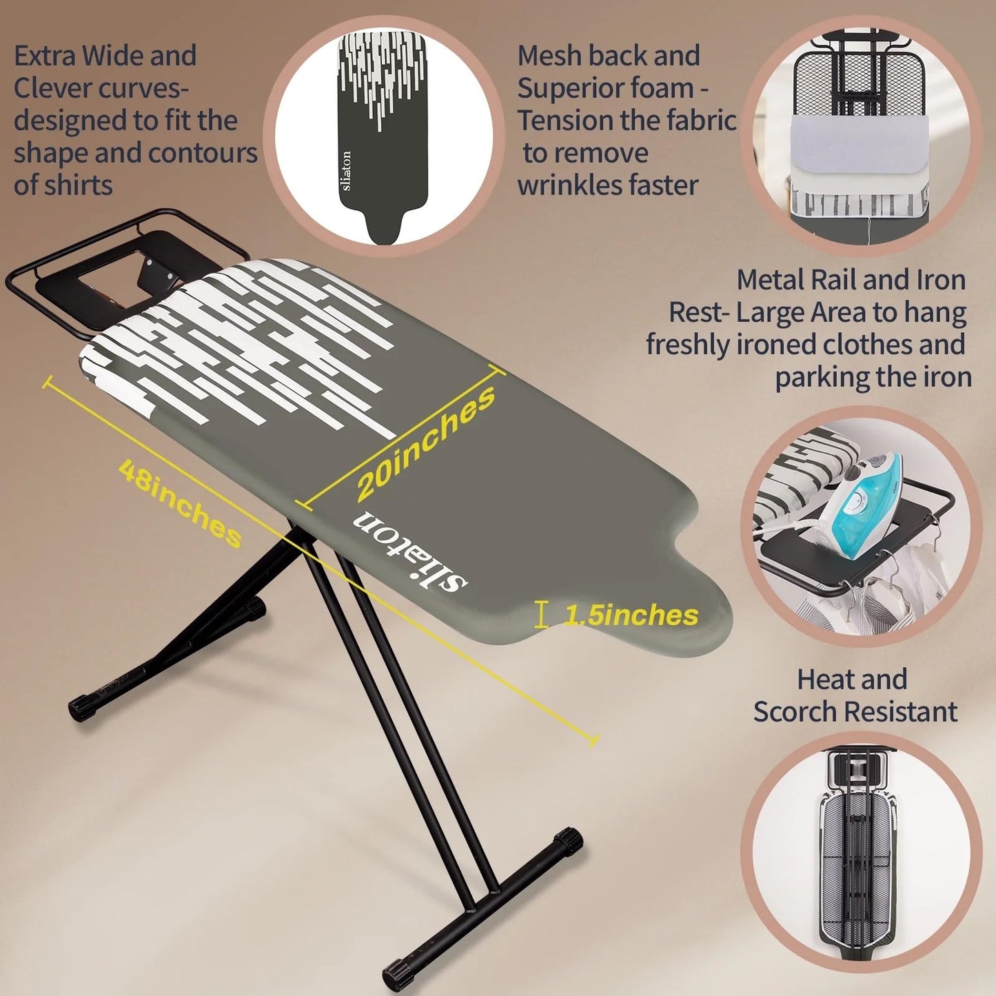 Extra-Large Ironing Board with Hang Rail & Iron Rest – 63" x 20"