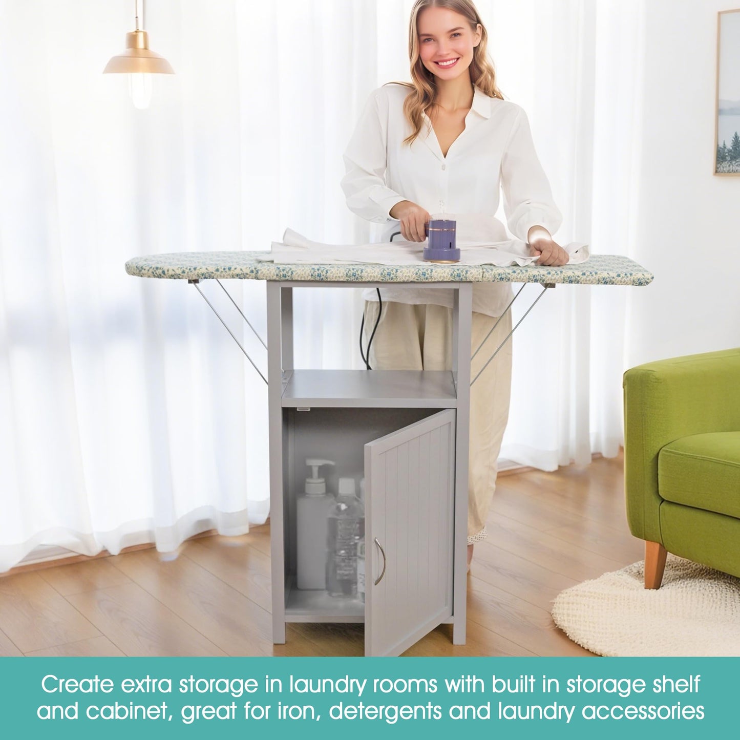 Foldable Ironing Board Cabinet with Built-In Storage – Space-Saving Wooden Design
