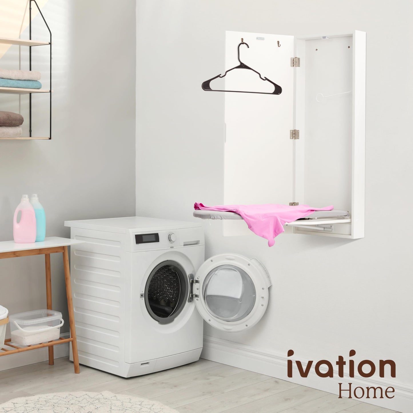 Wall-Mounted Folding Ironing Cabinet with Hooks & Easy-Release Lever – White Finish