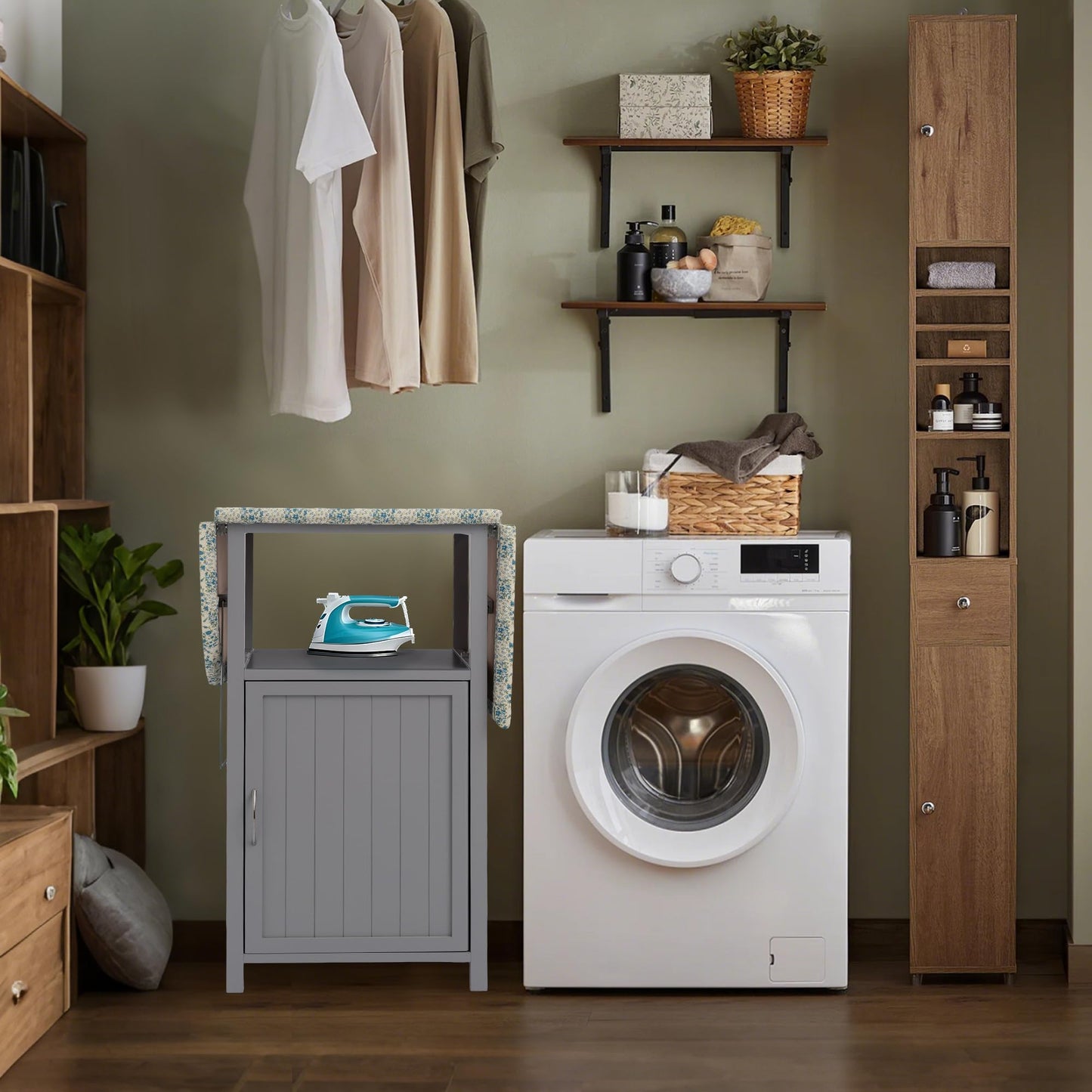 Foldable Ironing Board Cabinet with Built-In Storage – Space-Saving Wooden Design