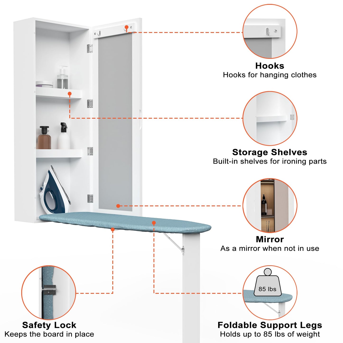 Wall-Mounted Ironing Board Cabinet with Mirror & Folding Support Leg – Built-In Storage for Small Spaces